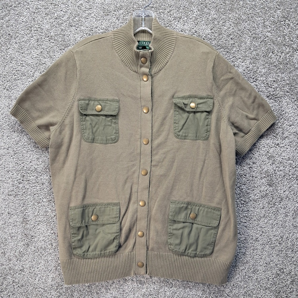 Ralph Lauren Mens Olive Green Cotton Short Sleeve Cargo Cardigan 2X